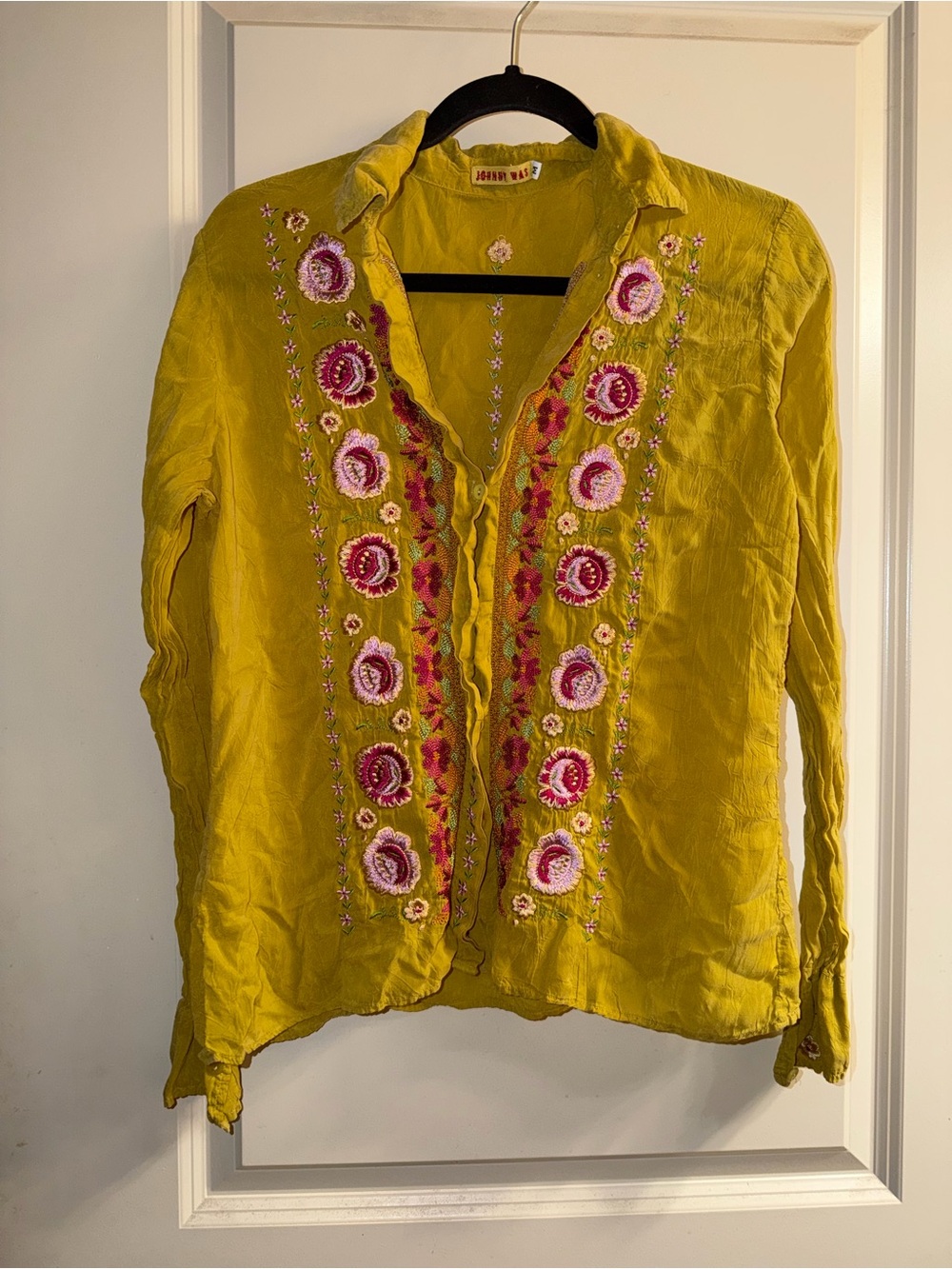 Johnny Was Mustard Yellow Embroidered Button-Down Shirt
